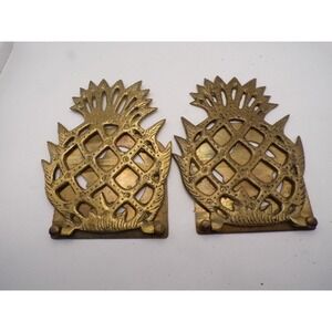 Vintage Brass Pineapple Bookends Set Hollywood Regency Gold Tropical Decor Heavy